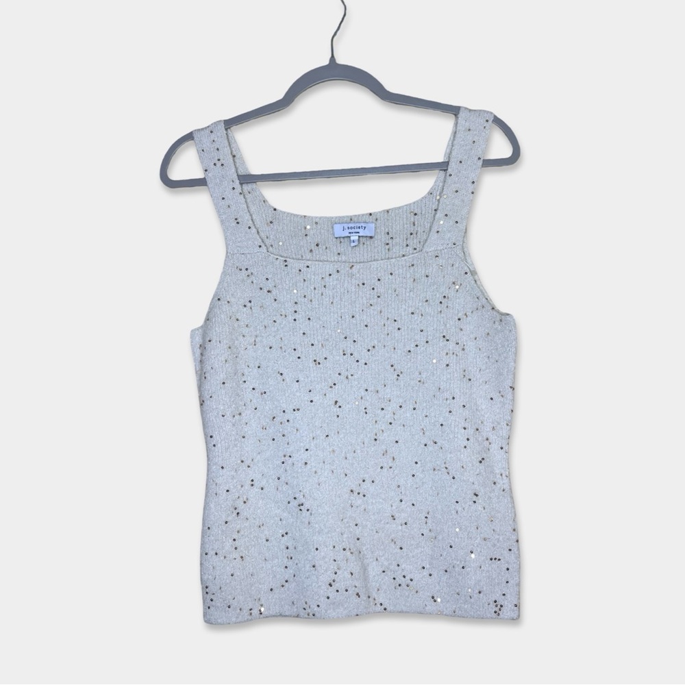 J. SOCIETY Sweater Tank Size L Ivory Cream Gold Sequins Stretchy GUC